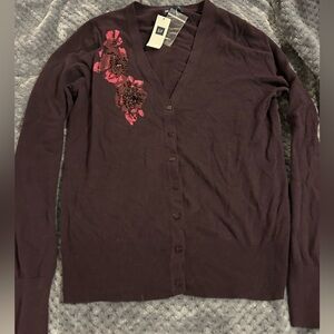 NWT Gap Dark Purple Cardigan with Pink and Red Floral Accents. SzS